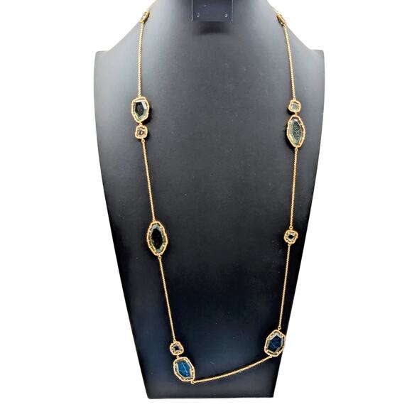 Hand-Crafted Abstract Blue Green Glass Crystal & CZ Gold Plated Chain Necklace - Picture 1 of 8